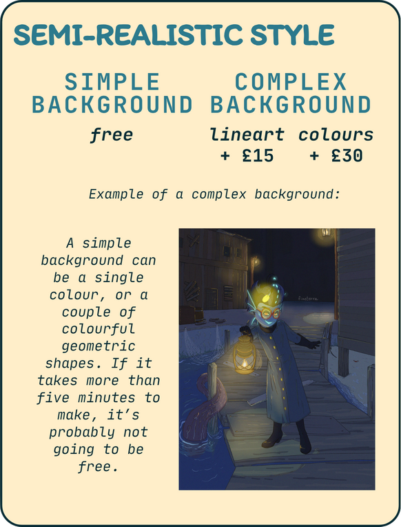 semi-realistic 2 Semi-realistic style. Simple background: free. Complex background: lineart + £15, colours + £30. A simple background can be a single colour, or a couple of colourful geometric shapes. If it takes more than five minutes to make, it's not going to be free.