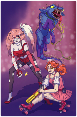 A digital illustration of Cherri Bomb from Hazbin Hotel, and Sundry Sidney and Aurora Nebbins from A Starstruck Oddissey. At the front Sundry Sidney, an android dressed in a pink 1950s diner uniform with roller skates, is crouching down, holding a flash gr