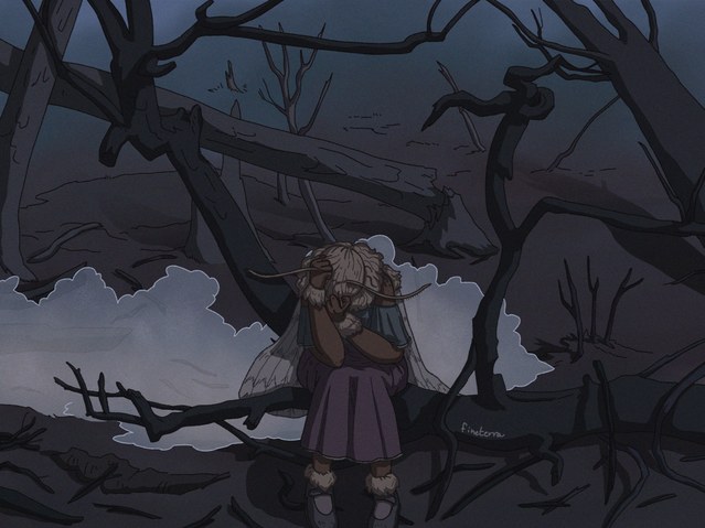 A digital illustration of a young moth person sitting on a burned tree. She's surrounded by more burned down trees, and a cloud of smoke is raising just behind her. She has the head in her hands, and she is almost curled up in desperation. The illustration