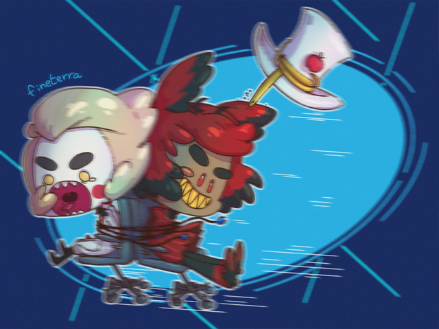 A stylised digital illustration of Lucifer and Alastor from Hazbin Hotel. They're tied together two to rolling chairs. Alastor has pushed himself off, dragging a terrified Lucifer with him. Lucifer's hat has fallen down, and the snake is holding on for DEE