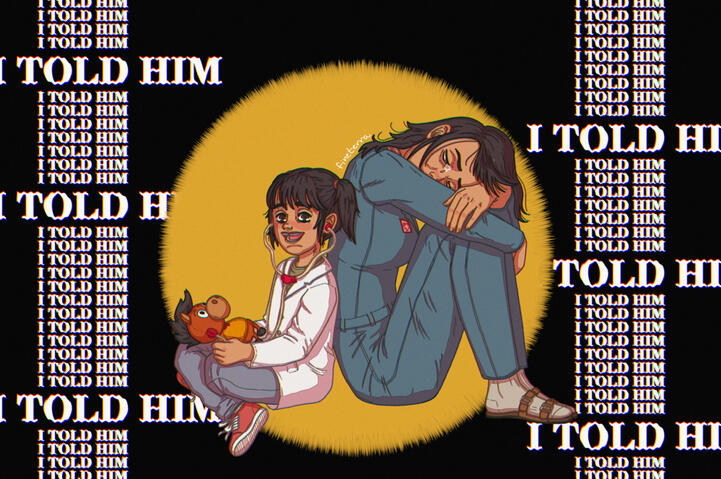 A digital illustration of the same person, Anya from Mouthwashing, at two different ages, sitting with their back against each other. On the left, the child version of Anya is sitting with her legs crossed, a stuffed Polle, the horse mascot, in her lap. Sh