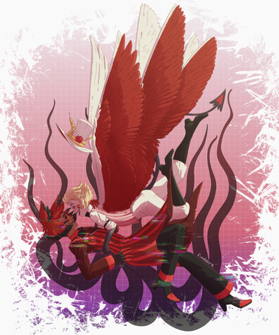 A digital illustration of Alastor and Lucifer from Hazbin Hotel. They are hugging while falling down, looking tenderly at each other, with Alastor's shadow tentacles reaching upwards and Lucifer's wings spread wide. The snake on Lucifer's hat is very much