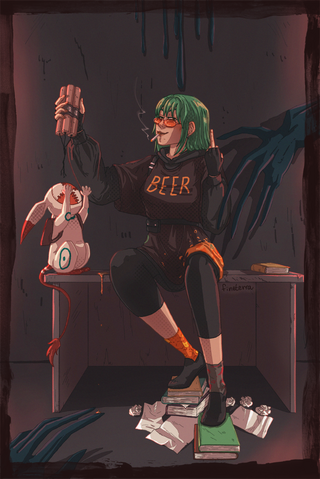 A digital illustration of Elya from Granite Waves. She's a woman with green hair, wearing layered, oversized tops, black leggings and shoes, and mismatched socks. She's holding dynamite in her right hand, a lit cigarette in her mouth, and she's flipping of