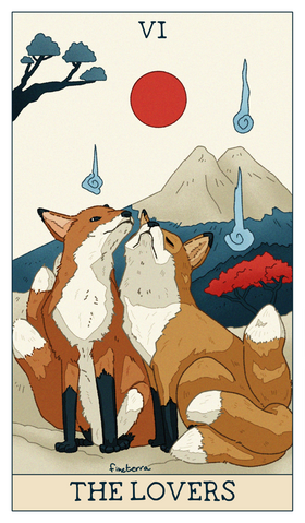 A digital illustration of the tarot card "the lovers". It shows two foxes, with three tails each, sitting next to each other and snuggling. They are surrounded by ghost lights. They are on a snowy plain, with mountains and a couple of trees in the backgrou
