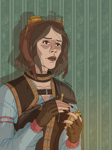 A digital illustration of a gaunt woman dressed in steampunk garbs. She has a concerned expression. In her hands there are a thin screwdriver and a pocket watch. The background is a striped wallpaper. The illustration is signed Fineterra.