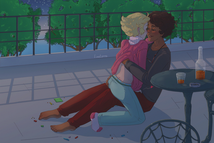 A digital illustration of Alastor and Lucifer from Hazbin Hotel as humans. Alastor is sitting on the floor and he's wearing a simple grey shirt and red sweatpants. He's looking at Lucifer's lips, and his left hand is under the latter's sweater, caressing h