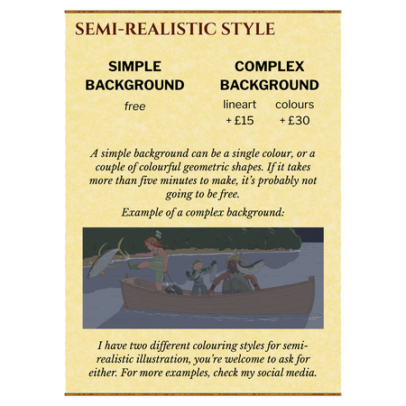 Semi-Realistic Style: Simple Background: free, Complex Bg: lineart +£15, colours +£30. A simple background can be a single colour, or a couple of colourful geometric shapes. If it takes more than five minutes to make, it's probably not going to be free
